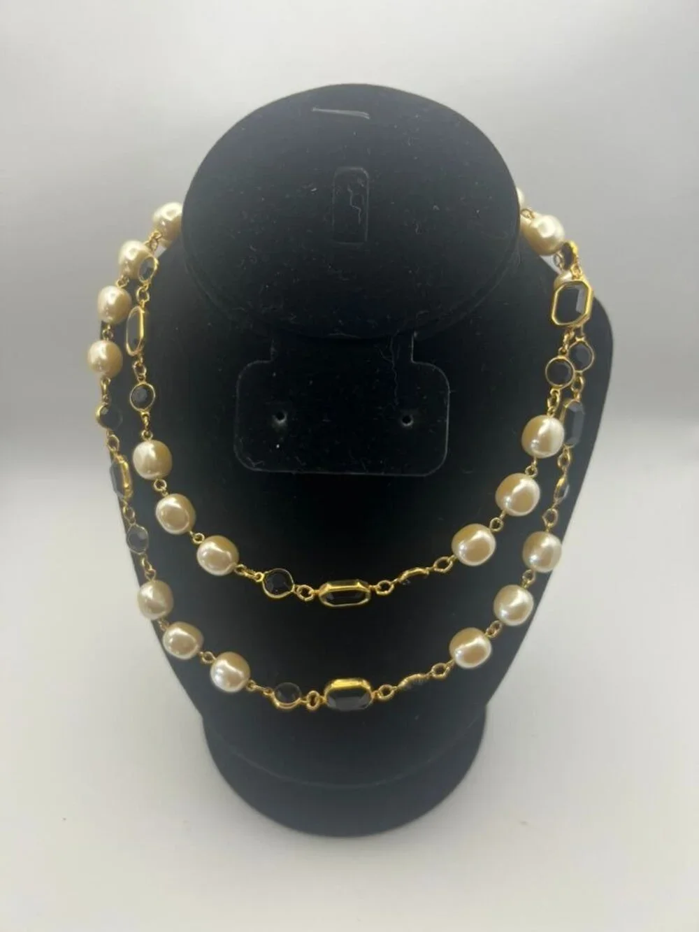 Vintage Sautoir Necklace Faux Pearl Black Glass Bezel Gold Chain Long Rope